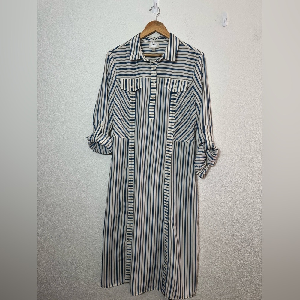 ECI New York Blue and White Striped Long Sleeve Shirt  Dress - Picture 2 of 9
